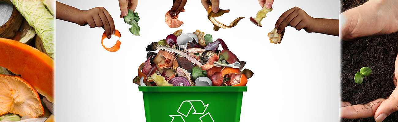 hands putting food waste collection bin for composting